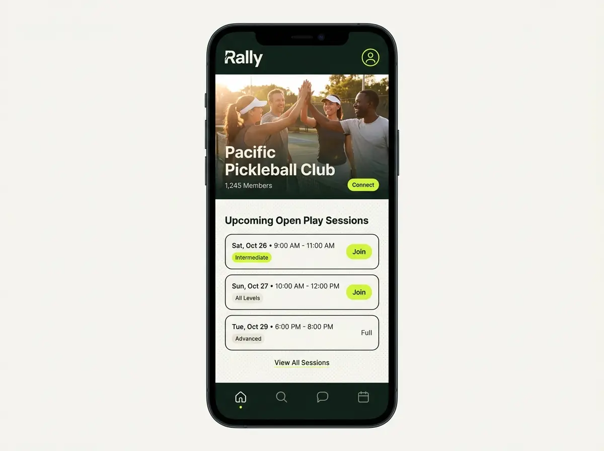 Rally club home screen with roster and calendar