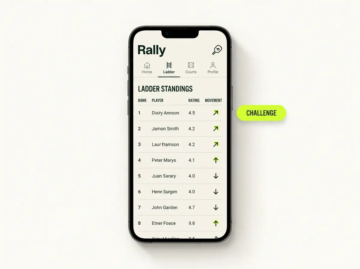 Rally ladder standings and challenge screen