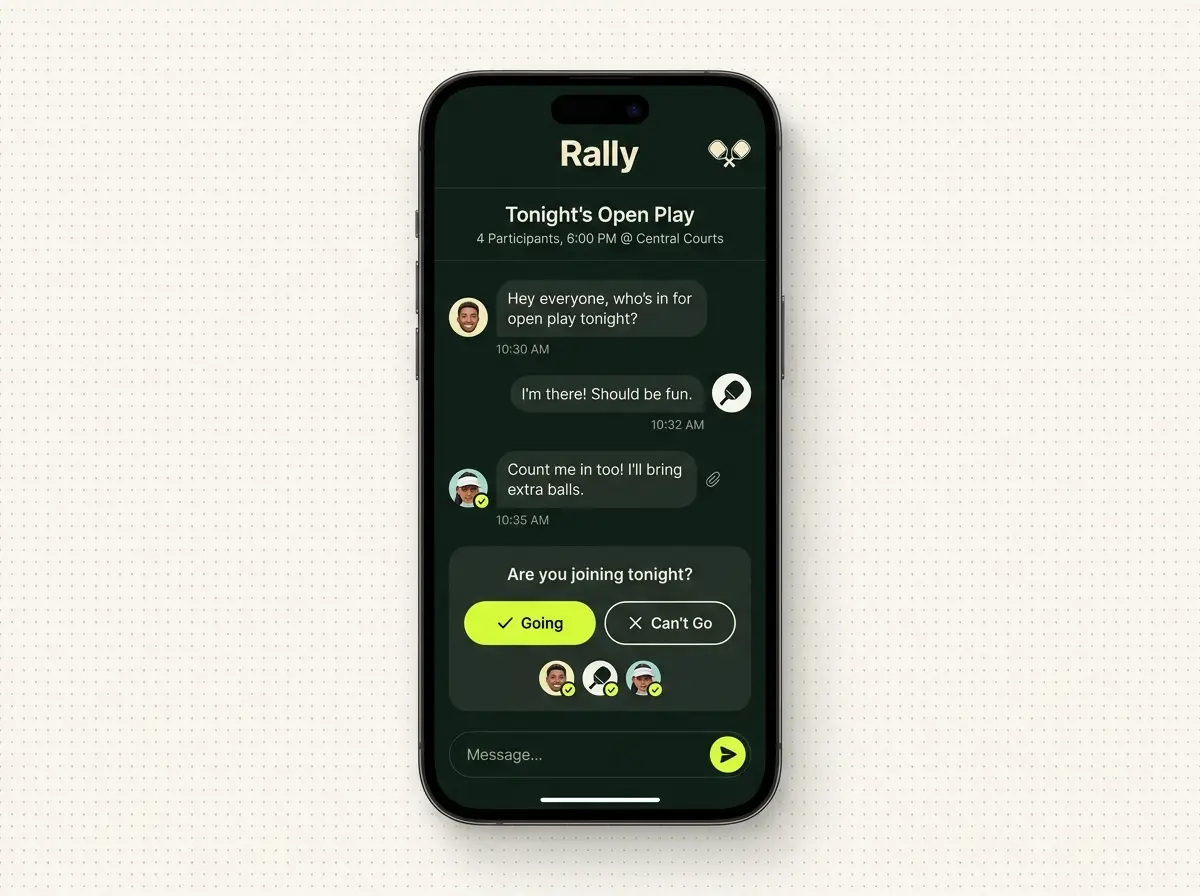 Rally open play session and group chat