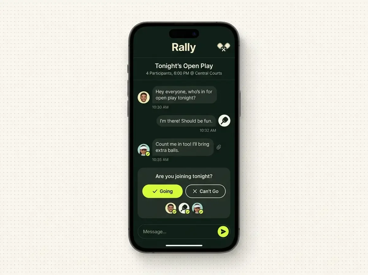 Rally open play session and group chat