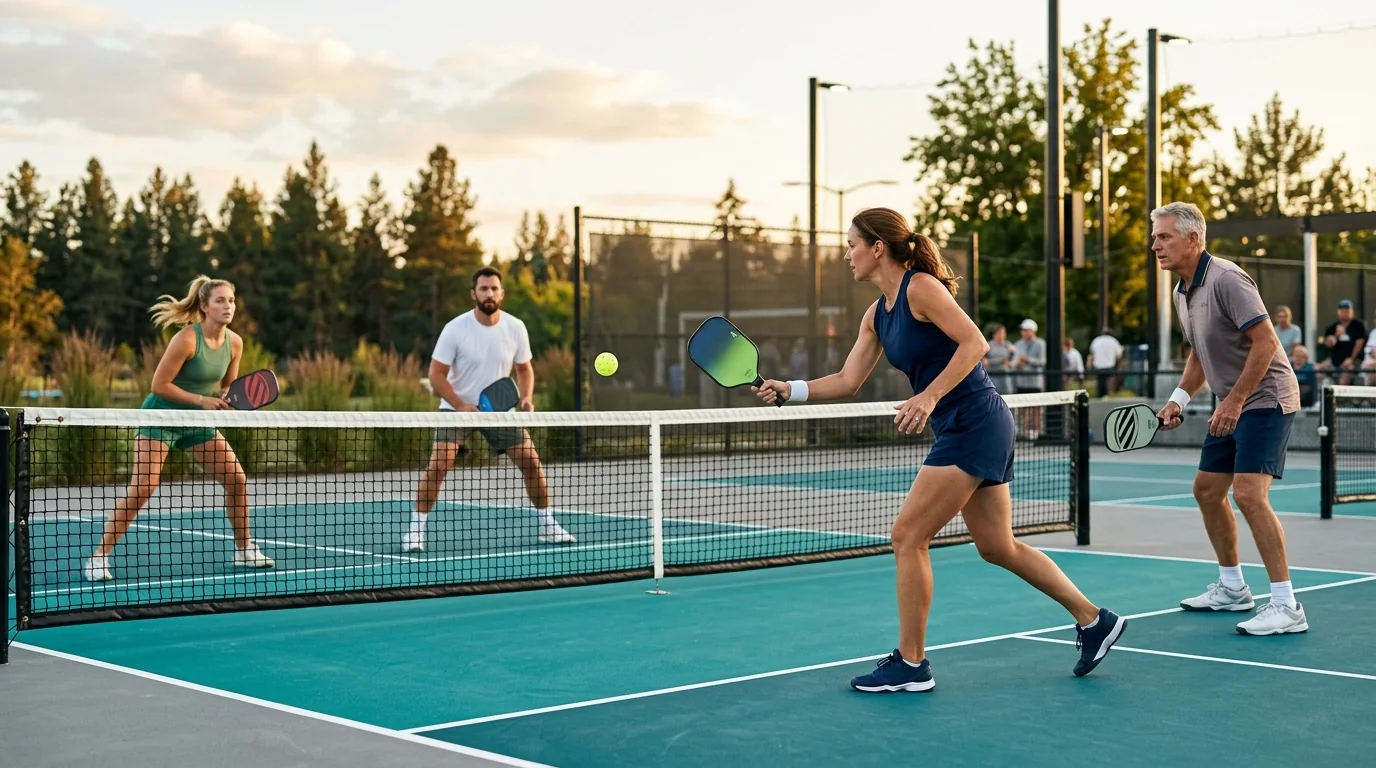 Four adults playing doubles on an outdoor pickleball court at golden hour