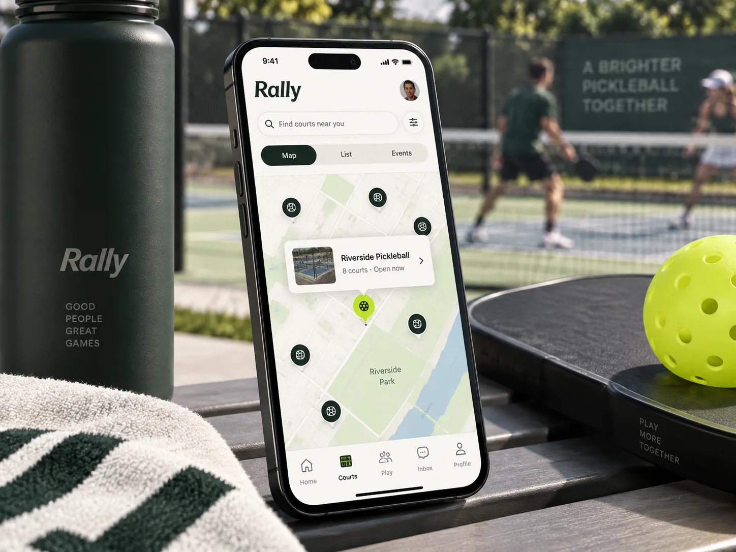 Illustrative Rally court-map concept on a phone