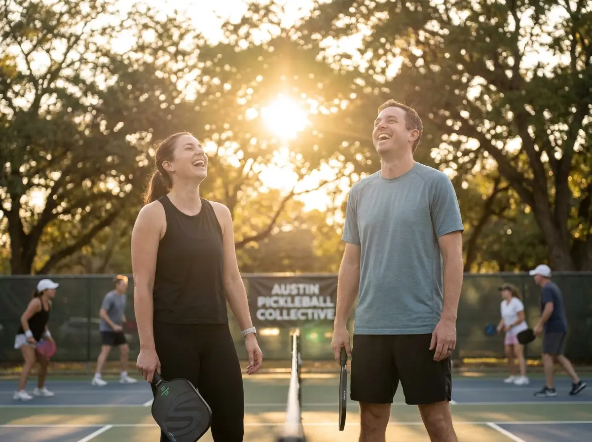 Rally's two co-founders playing doubles at an outdoor open-play pickleball session in Austin